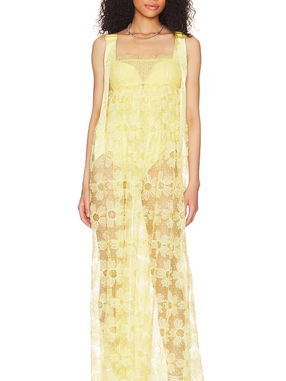 For Love And Lemons Emma Maxi Yellow Sheer Floral Lace Dress